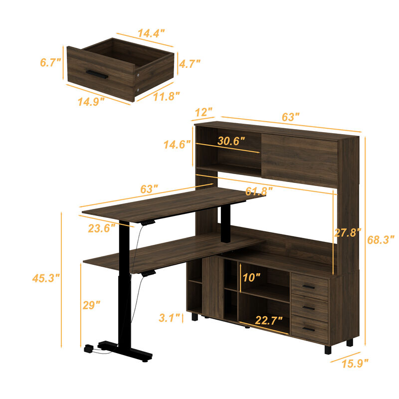 FUFU&GAGA L-Shaped Standing Desk with Hutch &ndash; Adjustable Height Computer Desk with Storage Drawers & Shelves, (63" W x 68.3" H x 63" D), Rustic Brown image number 9