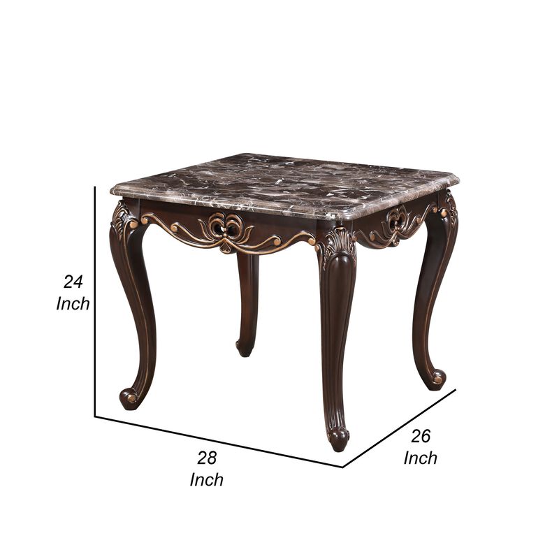 Cona 28 Inch Side End Table, Carved Gold Accents, Cherry Brown, Gray White