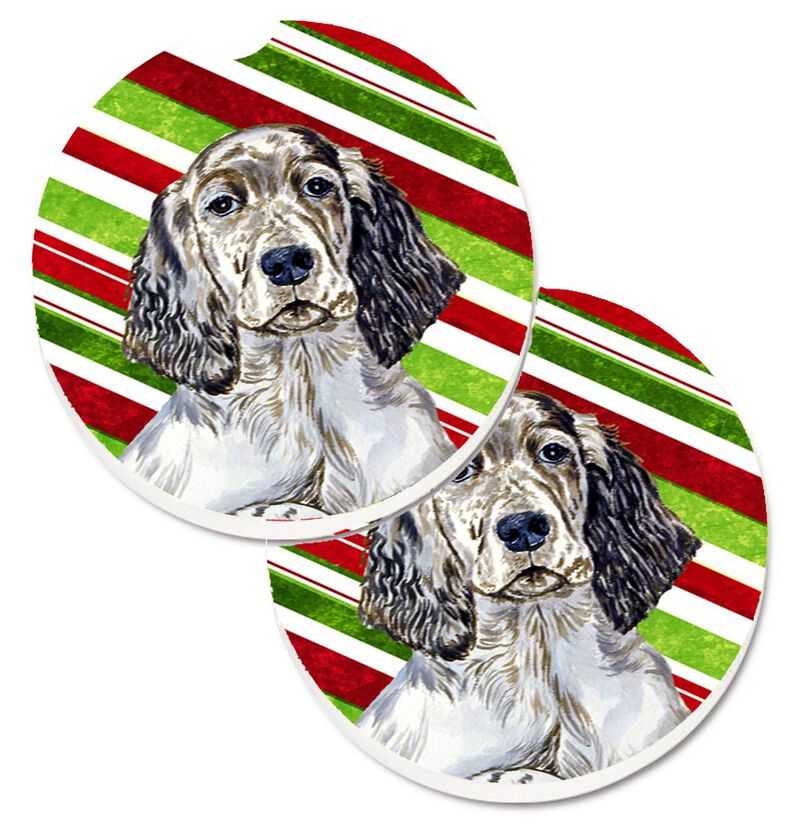 Caroline's Treasures English Setter Candy Cane Holiday Christmas Set of 2 Cup Holder Car Coasters LH9232CARC, 2.56, Multicolor