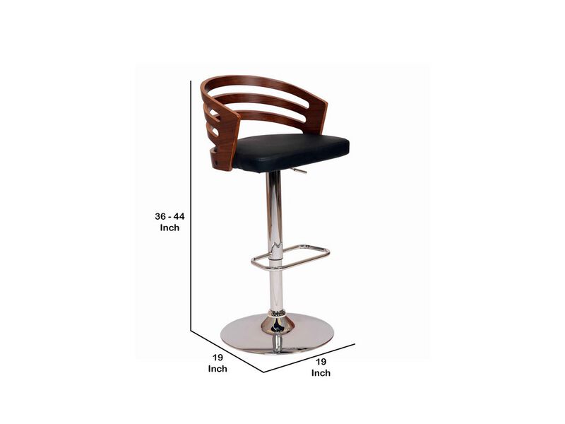 Open Wooden Back Faux Leather Barstool with Pedestal Base, Black and Brown