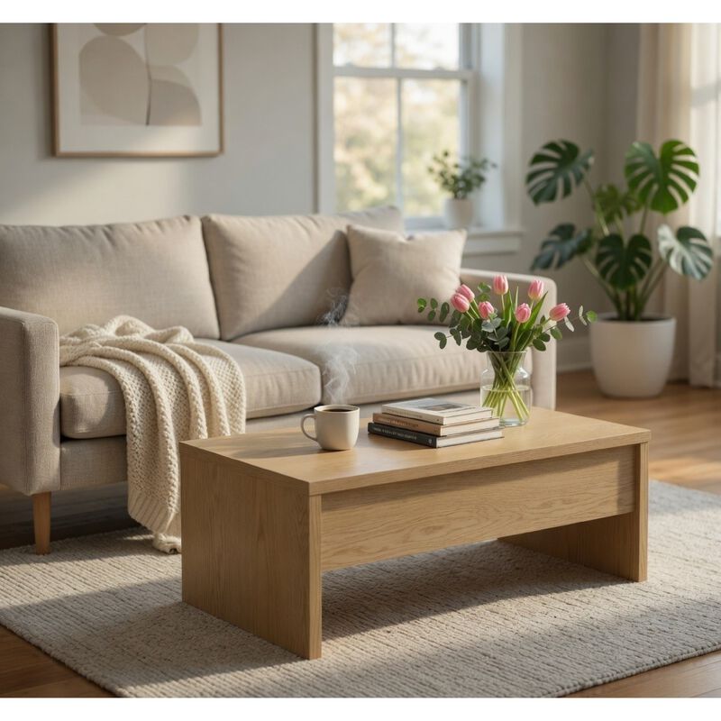 Kerra Lift-Top Coffee Table, Hidden Storage, Light Oak Wood 47 Inch image number 8