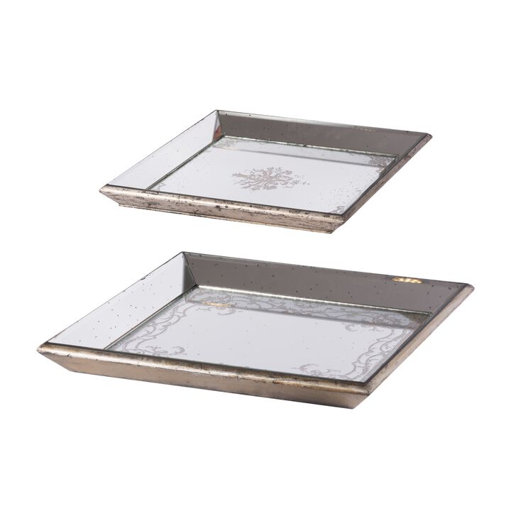 Set of 2 Square Serving Trays, Decorative, Vintage Mirrored, Champagne - Benzara