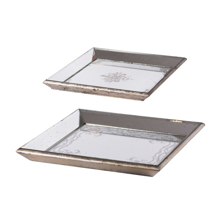 Set of 2 Square Serving Trays, Decorative, Vintage Mirrored, Champagne-Benzara