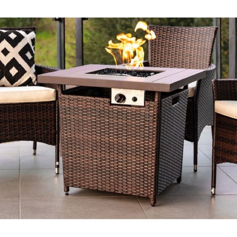 Hivvago Brown Resin Wicker Fire Pit LP Gas Propane w/ Faux Wood Tabletop and Cover