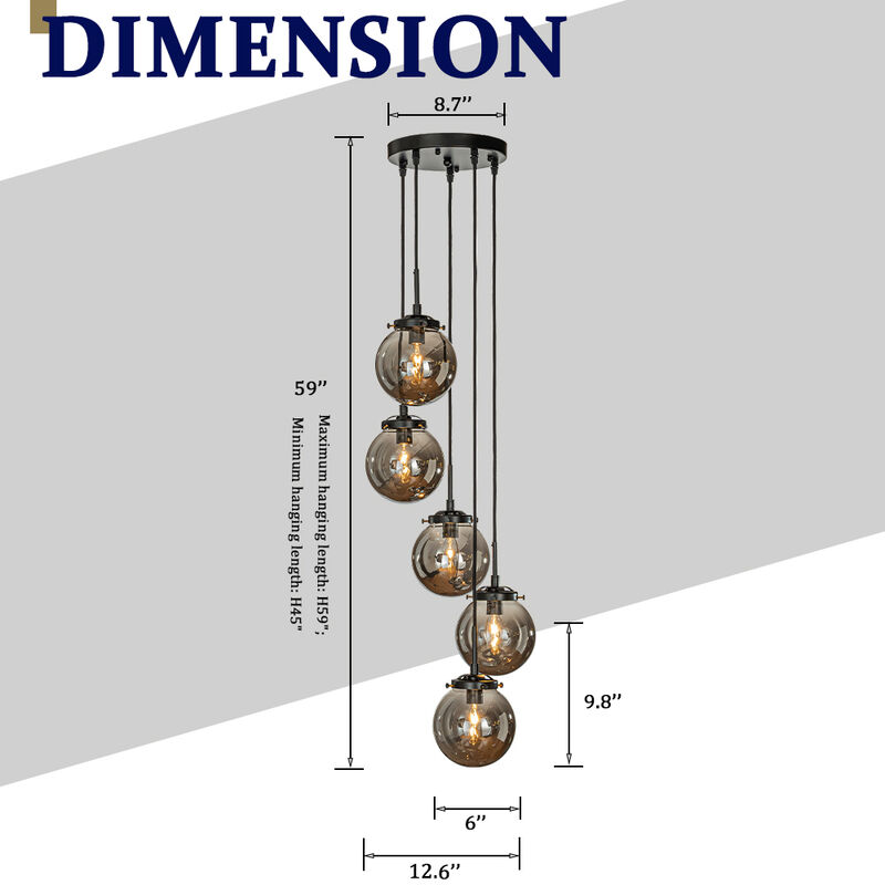 5-Light Matte Black Staircase Modern Chandelier Corner Pendant With Smoke Globe Bubble Glass Accents image number 5