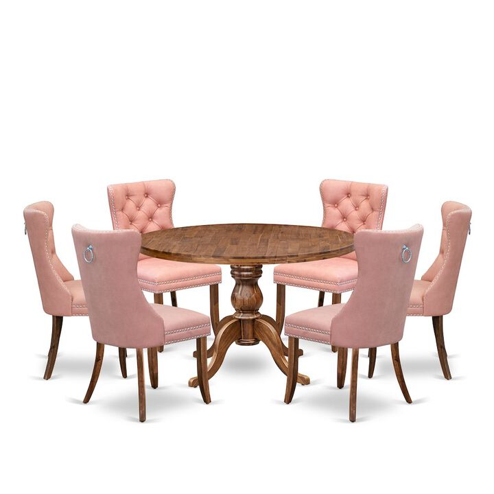 7-Pc Mid Century Dining Set Contain A Table And 6 Beige Red Upholstered Chairs