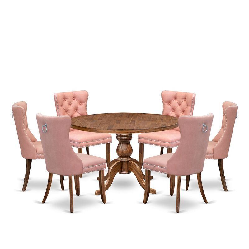 7-Pc Mid Century Dining Set Contain A Table And 6 Beige Red Upholstered Chairs