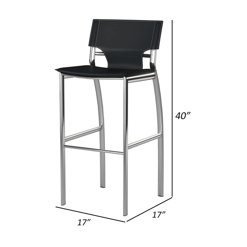 Suze 30 Inch Metal Bar Chair, Set of 2, Chrome Base, Black Vegan Leather - Benzara image number 4