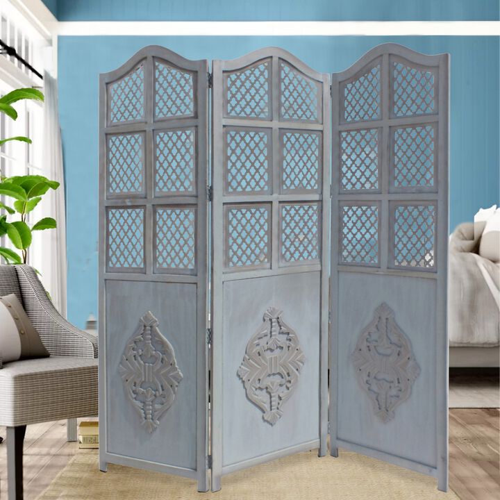 Three Panel Wooden Room Divider with Traditional Carvings and Cutouts, Blue-Benzara