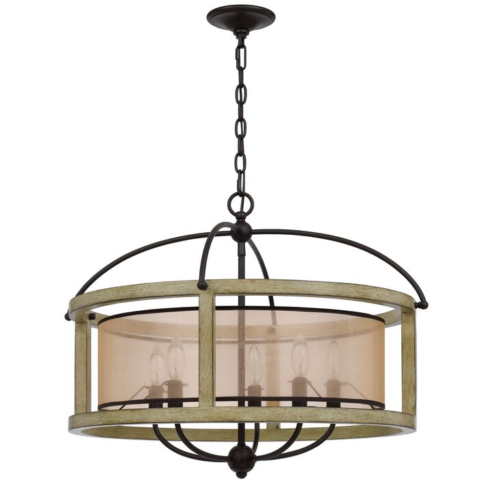 Acia 26 Inch Chandelier, Classic Round Organza Shade Wood, Metal  - Benzara