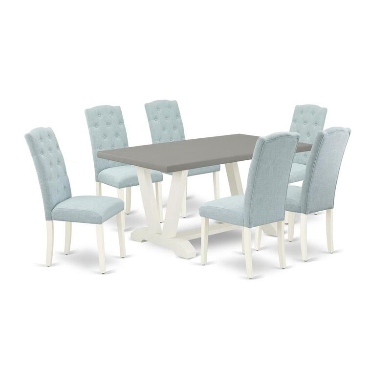 East West Furniture 7-Pc Modern Dining Set- 6 Dining Padded Chairs with Baby Blue Linen Fabric Seat and Button Tufted Chair Back - Rectangular Table Top & Wooden Legs - Cement and Linen White Finish