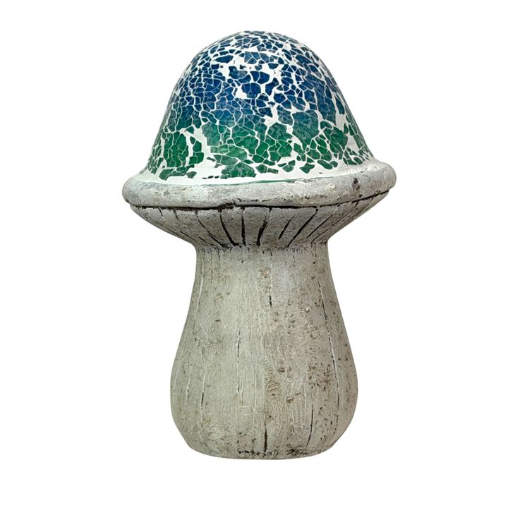 Mosaic Cement Mushroom Statue Blue Green White Garden Figurine 8 In