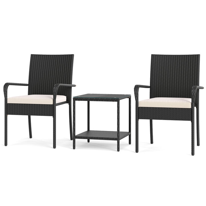 Outdoor 3 Piece Patio Furniture Set with Cushions and Tempered Glass Table