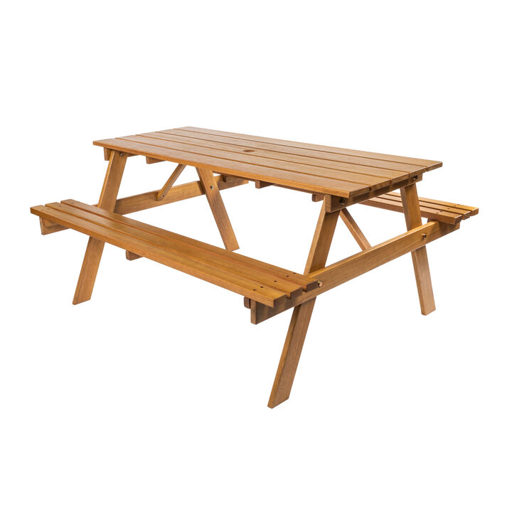 Shoreham 59" Modern Classic Outdoor Wood Picnic Table Benches with Umbrella Hole, Teak Brown