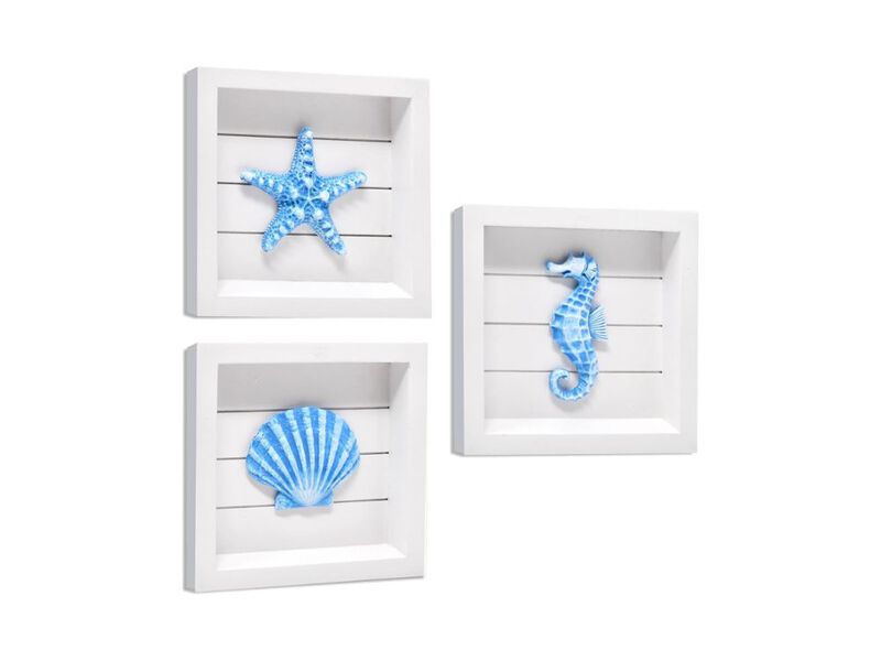 Set of 3 Coastal Wall Art Blue Starfish Seashell Seahorse Decor for Home image number 0