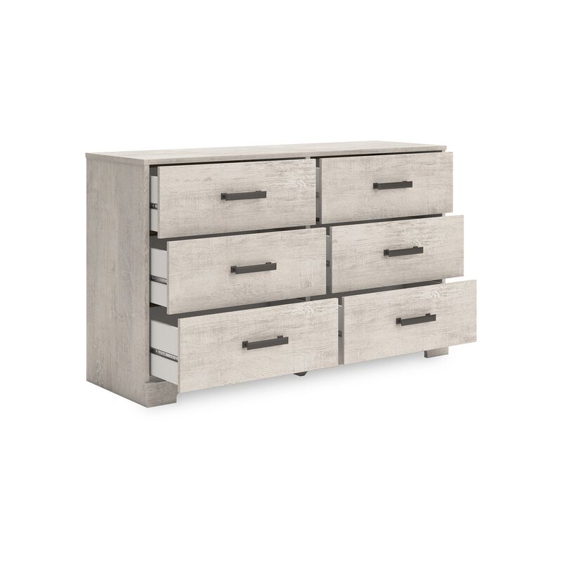 Shawn Wide Dresser, 6 Drawers, Black Handles, Light Gray Wood, 59 Inch - Benzara