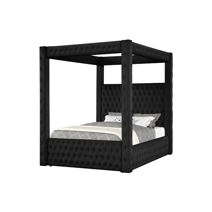 Beli Queen Size Canopy Bed, Tufted Design, Black Velvet Upholstery