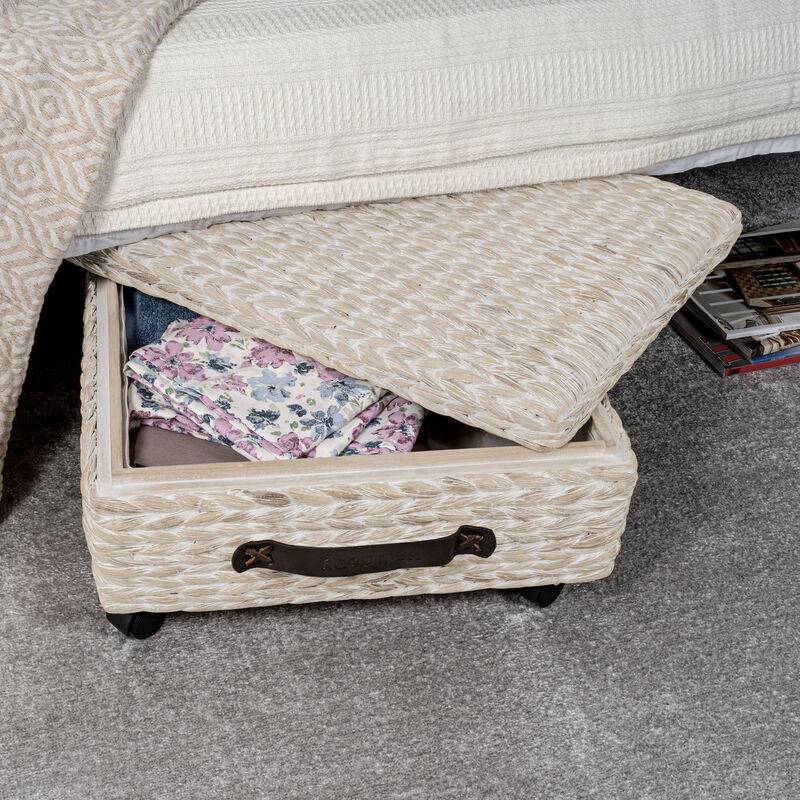 Chett Minimalist Hand-Woven Hyacinth/Wood Underbed Storage Bin with Wheels and Handles