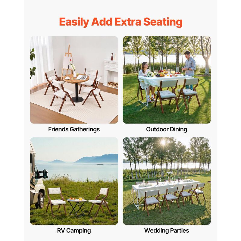 Wooden Folding Chairs Set of 2 with Cushion, Portable Padded Dining Chairs for Kitchen & Office image number 2