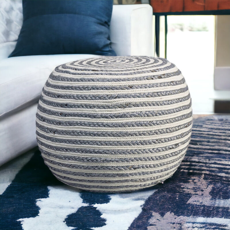 Round Striped Cotton Blend Pouf – Ottoman Accent Seat for Bedroom or Study