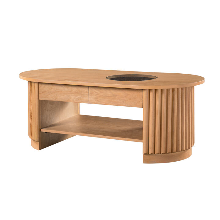 Merax Fluted Oval Coffee Table with 2 Pull-Out Side Drawers, Heat/Scratch-Resistant Glass Insert