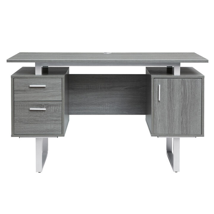 HomeRoots 51" Gray and Silver Wood and Steel Pedestal Executive Desk With Two Drawers