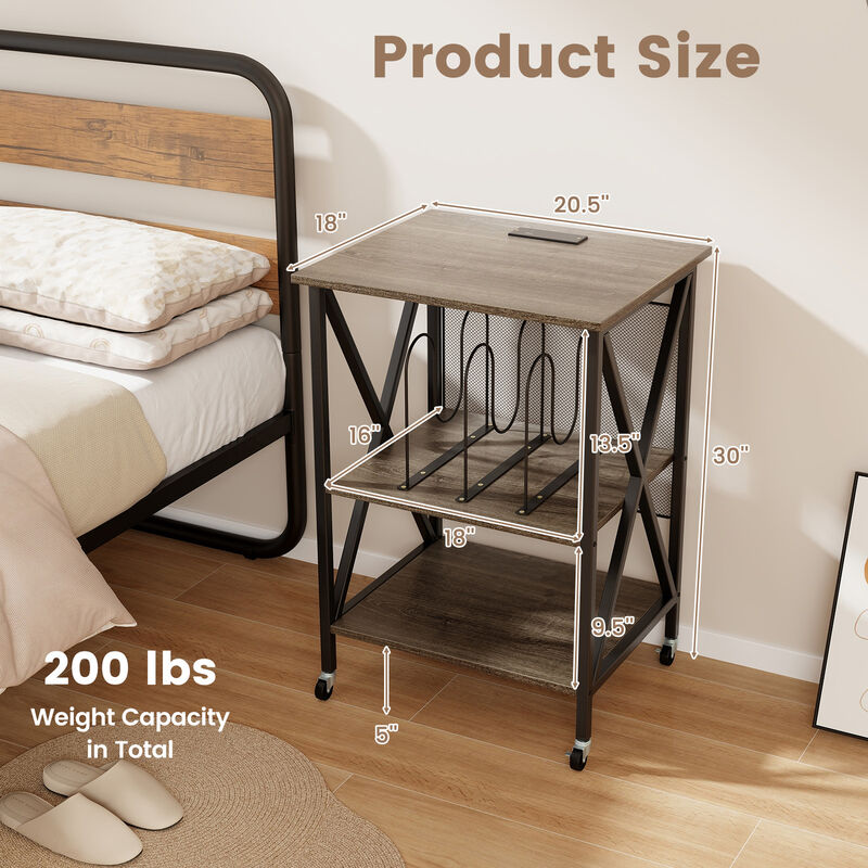 Mid-Century Vinyl Record Player Stand with Built-In Charging Station and Storage