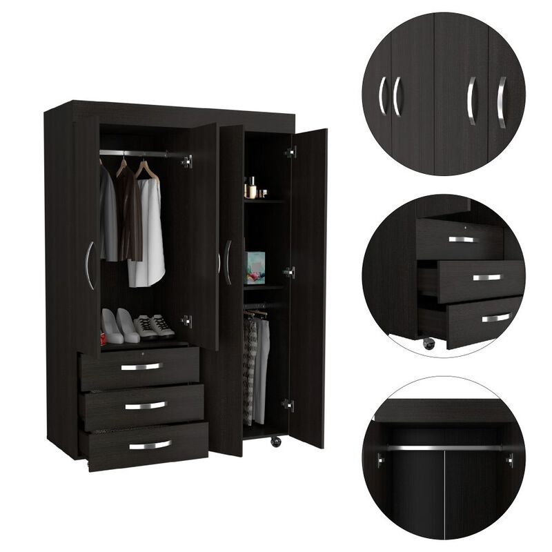 DEPOT E-SHOP Hamilton Mobile Armoire, Double Door Cabinet, Three Drawers, Rods, Two Shelves, Black