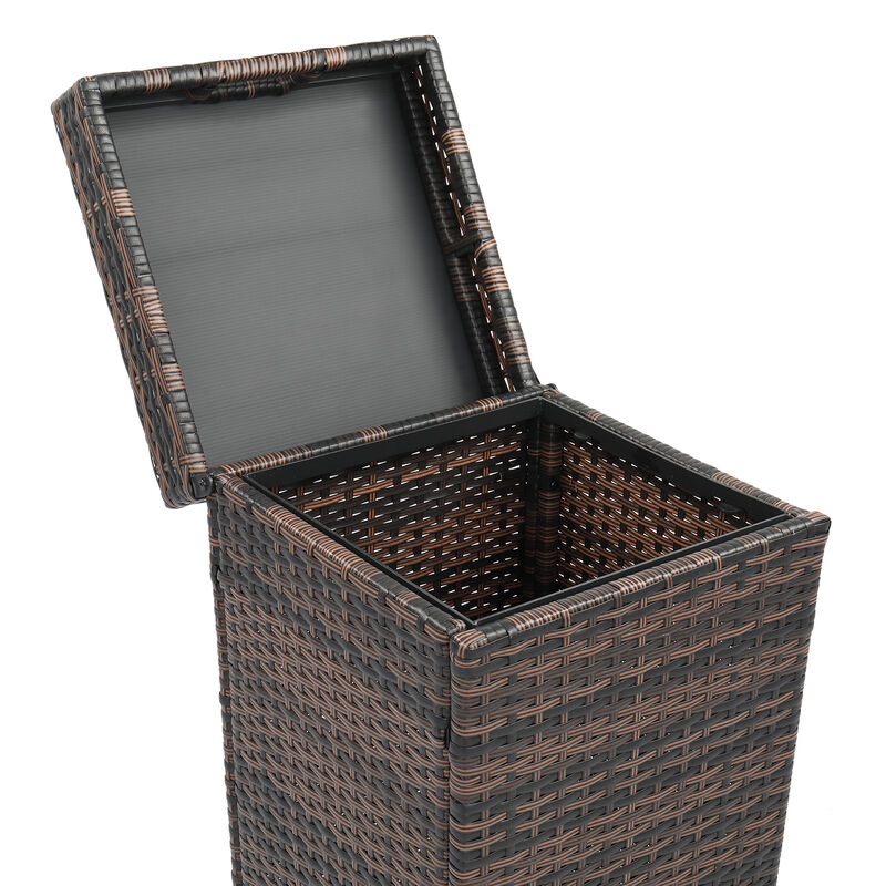 Decorative Outdoor Trash Can Rattan-Style Bin with Metal Frame & Top Cover