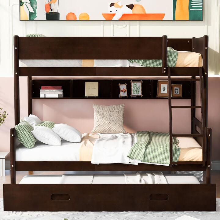 Merax Wood Bunk Bed with Storage Shelves and Trundle