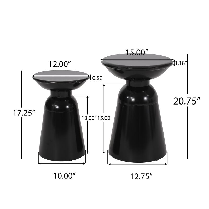 Side End Table Set of 2, Round Taper Top, Pedestal Base, Black Metal