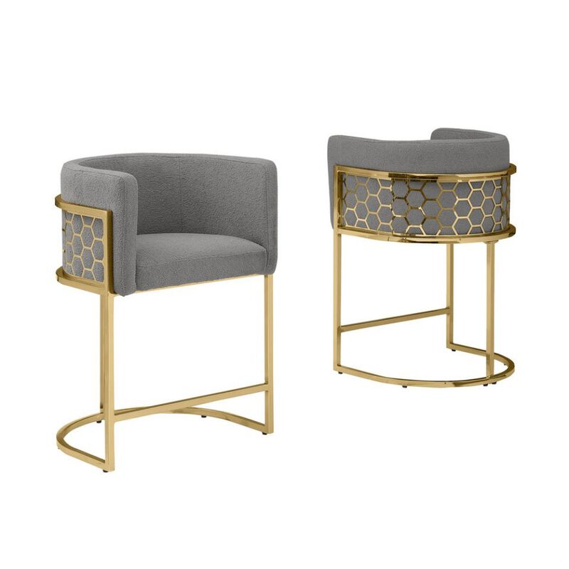 Best Quality Furniture Honeycomb back barrel chair in dark gray with gold base, Set of 2