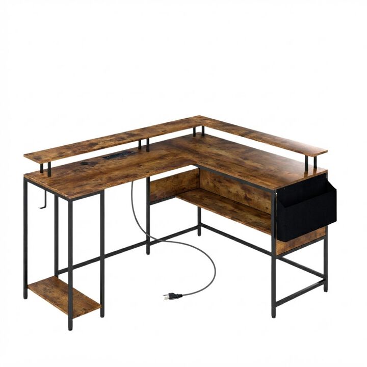 L Shaped Computer Desk with LED Lights and Built In Power Outlets for Gaming