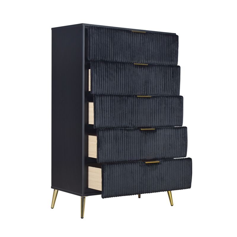 Moko 51 Inch Tall Dresser, 5 Soft Upholstered Drawers, Black, Gold