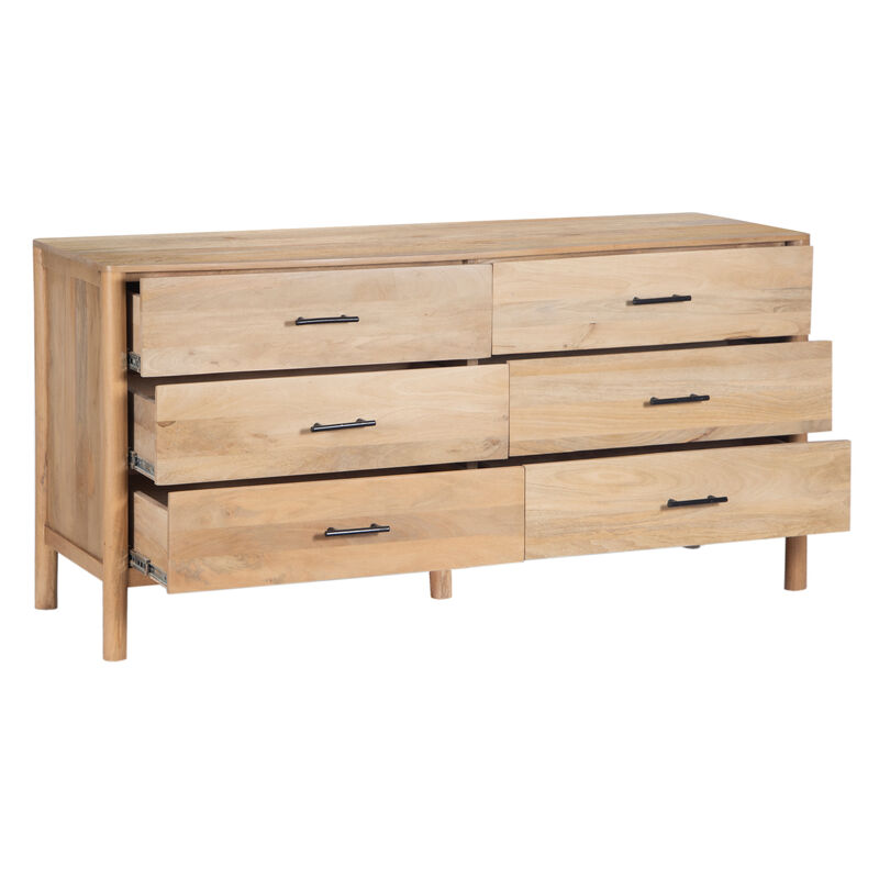 Geti 6 Drawers, 66 Inch Wide Dresser, Handcrafted Natural Oak White Mango Wood, Black Handles