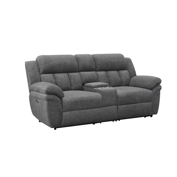 Jak 86 Inch Loveseat, Power Recliner, Padded Back, Charcoal Gray Fabric - Benzara