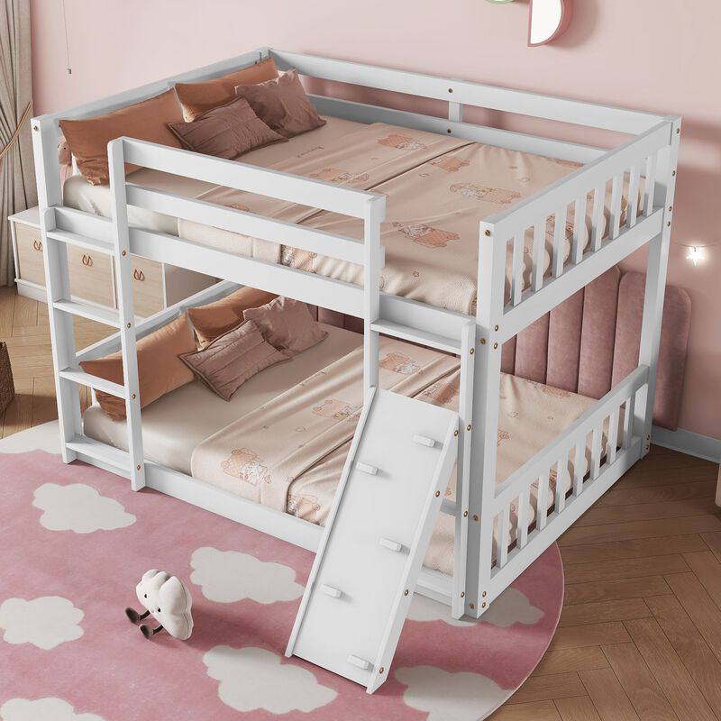 Whisen Twin Over Twin Floor Bunk Bed, Playhouse Floor Bunk Bed with Climbing Ramp, Ladder and Safety Guardrails - White