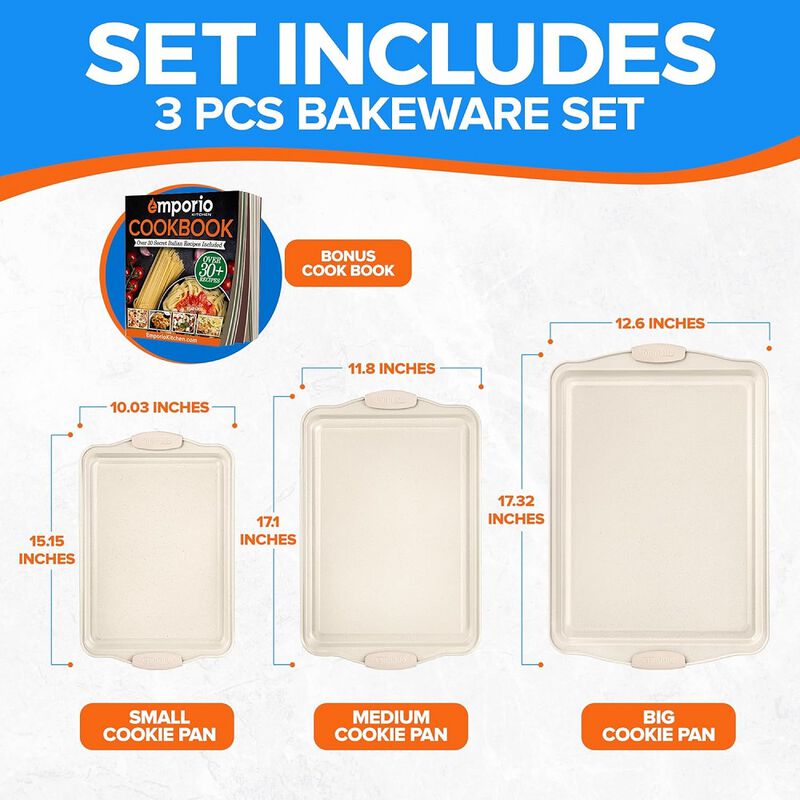 Baking Pan Set - Nonstick Coating, Carbon Steel Bakeware Set with White Silicone Handle, PFOA, PFOS, PTFE Free, Recipe Booklet Included, Oven Safe Tray (Up To 450&deg; F), Set of 3 - White
