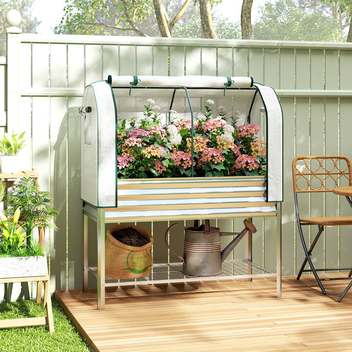 Hivvago Metal Raised Planter with Greenhouse Cover and Shelf