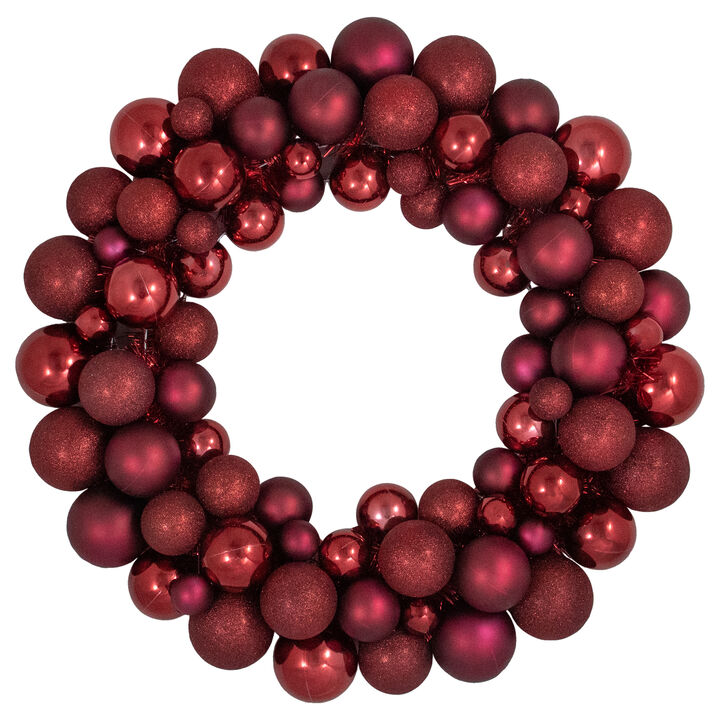 Burgundy 3-Finish Shatterproof Ball Christmas Wreath - 24"  Unlit