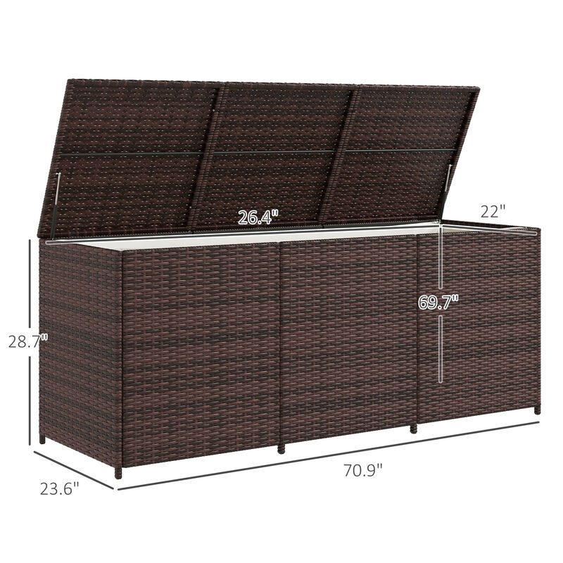 Outsunny 175 Gallon Outdoor Storage Box with Inner Liner, PE Rattan Wicker Deck Box with Pneumatic Bar Lift for Indoor & Outdoor, Patio Furniture Cushions, Pool Toys, Garden Tools, Mixed Brown