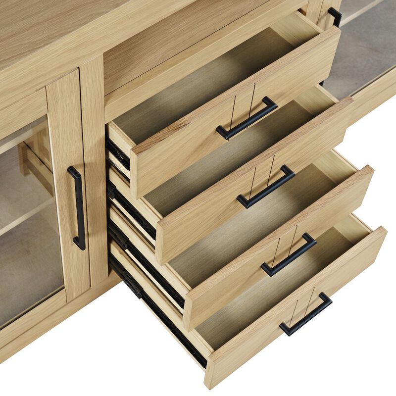 Jofran 70 Contemporary Media Console with Tempered Glass Doors, Drawers and Shelves