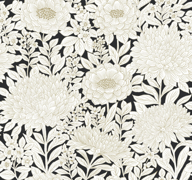 Wood Block Blooms Black & Gold Wallpaper