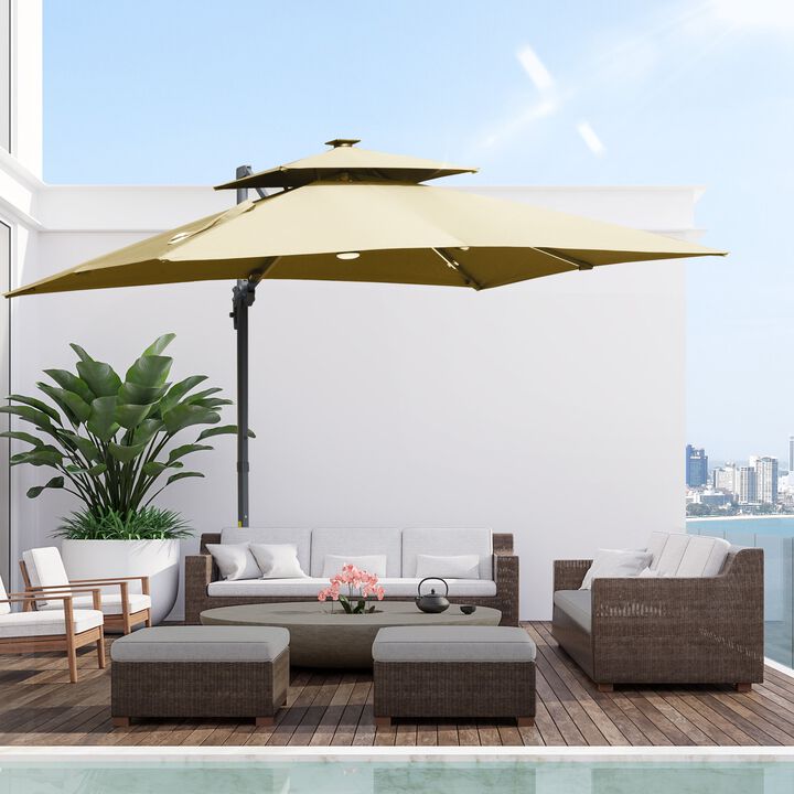 Khaki Patio Shade: 10ft Solar LED Cantilever Umbrella with Rotation
