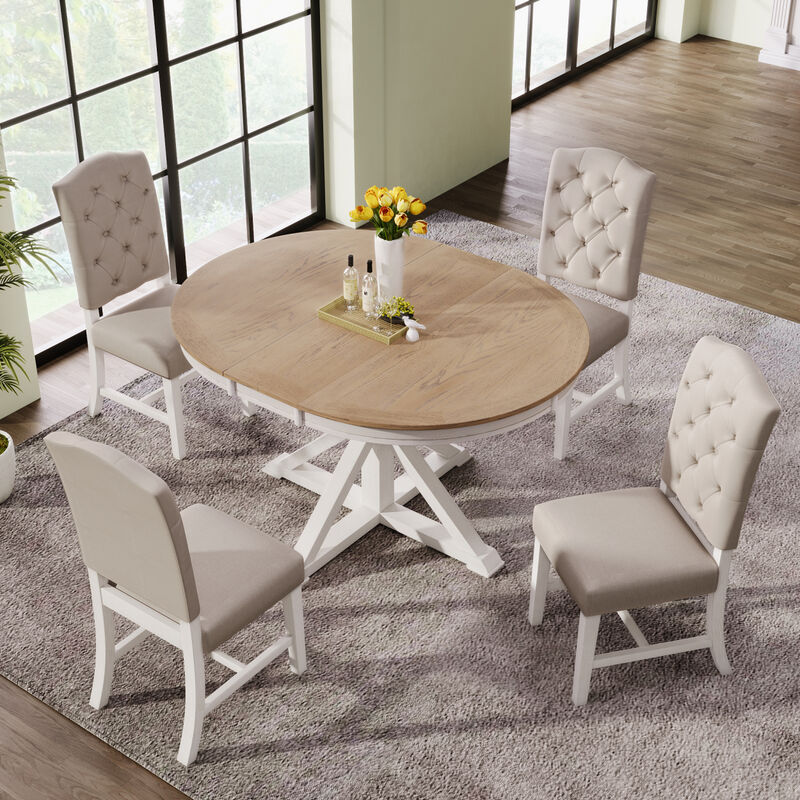 Functional Furniture Retro Style Dining Table Set with Extendable Table and 4 Upholstered Chairs for Dining Room and Living Room (Oak Natural Wood + Off White)