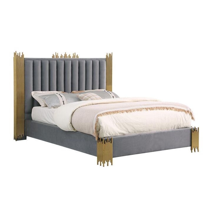 Best Quality Family Queen size Dark grey velvet bed with gold corners (Platform)