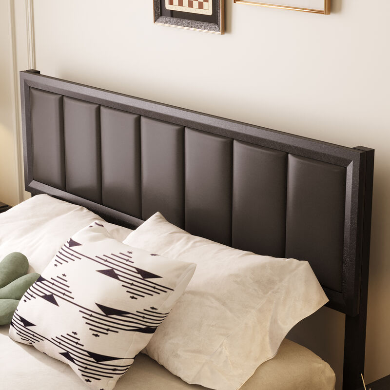 FUFU&GAGA Modern Upholstered Solid Wood Bed Frame in Black, Rubberwood Platform Bed with Padded Linen Headboard and Plywood Slats, Queen Size, (82" L x 63.3" W x 40.9" H),Black