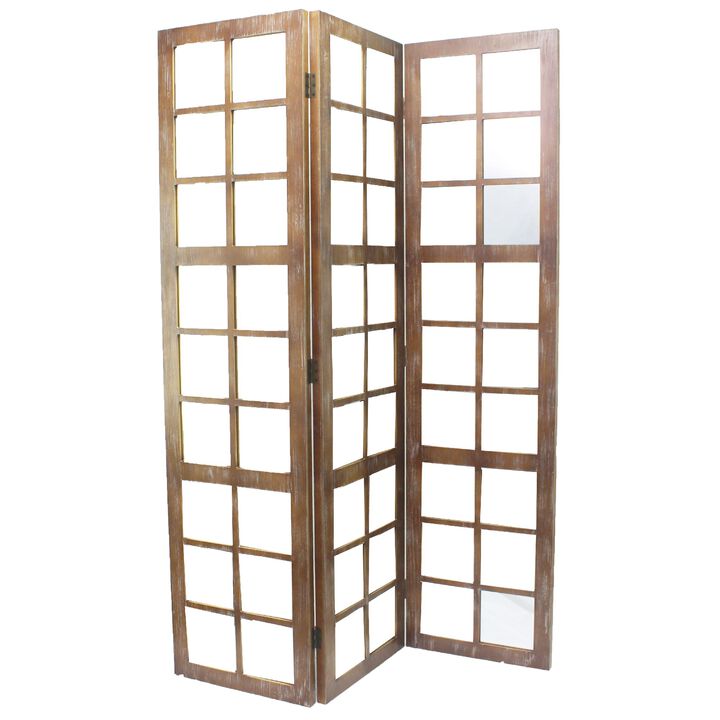 3 Panel Wooden Screen with Square Mirror Inserts, Brown and Silver - Benzara