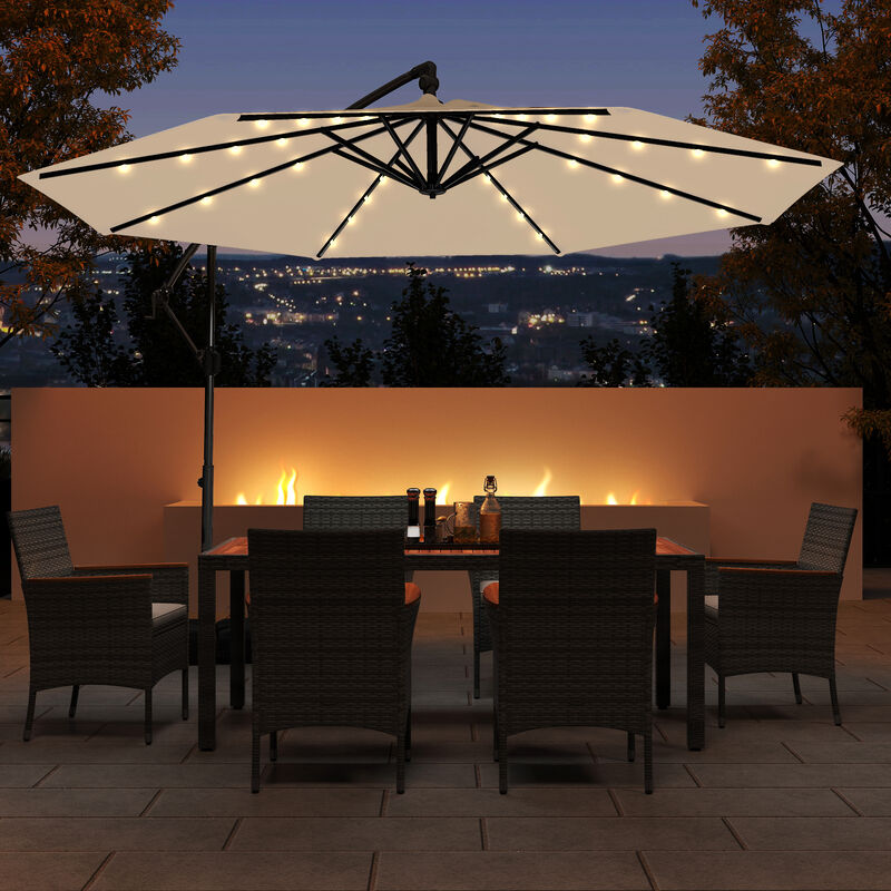 Solar Offset Umbrella with 32 LED Lights &ndash; Hanging Patio Shade with Base