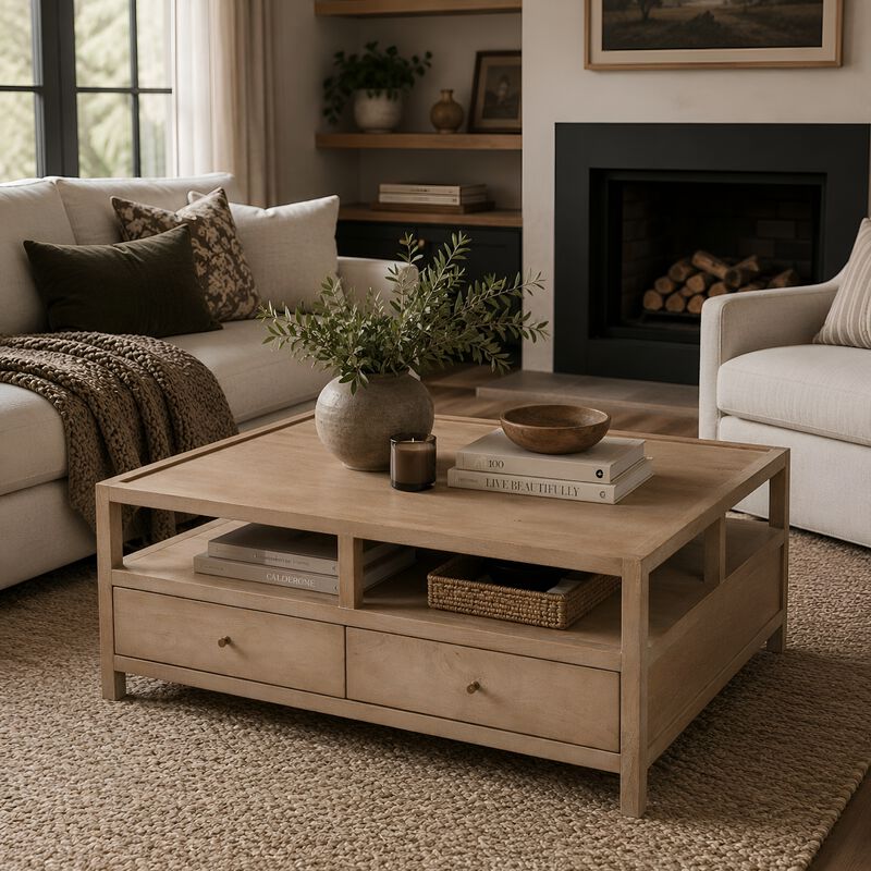 Hika 45 Inch Square Coffee Table, 4 Storage Drawers and Open Shelf, Light Brown Mango Wood image number 6